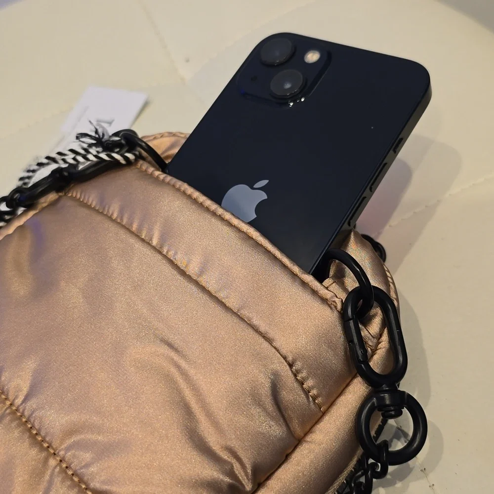 Thacker Puffer rose gold metallic Crossbody Phone Purse Case Black Chain New NYC - Picture 7 of 12